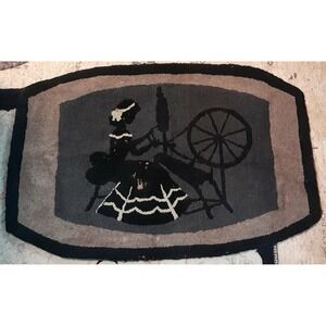 Antique Needlepoint Rug‎ Woman Weaving Spinning Antique Machine Scene UNIQUE